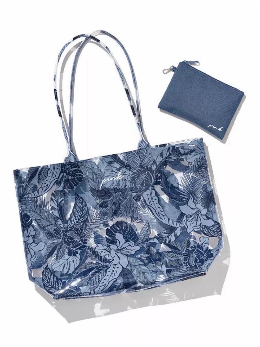 PINK Victoria's Secret Blue Floral Clear Tote with Coin Pouch